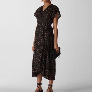 Whistles Navy Scattered Leaf Wrap Midi Dress Sz 10 Workwear Preppy Dressy‎ Party